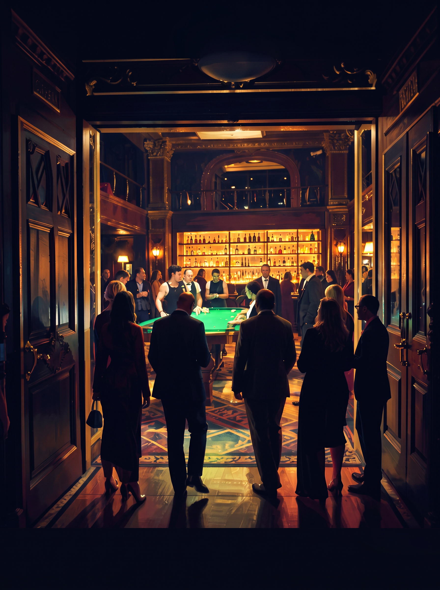 Guests walking through grand doors into a glowing casino floor with slot machines, table games, and a backlit bar